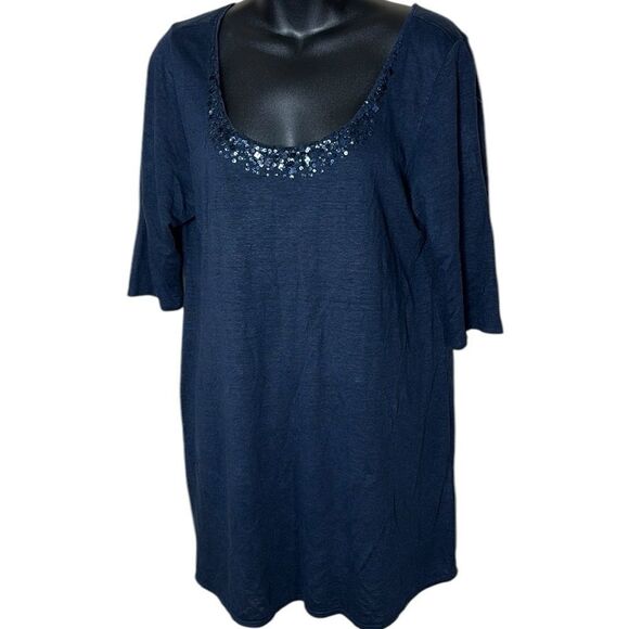 Eileen fisher women’s medium 100% linen blue 3/4 sleeve sequined top capsule - Picture 1 of 6
